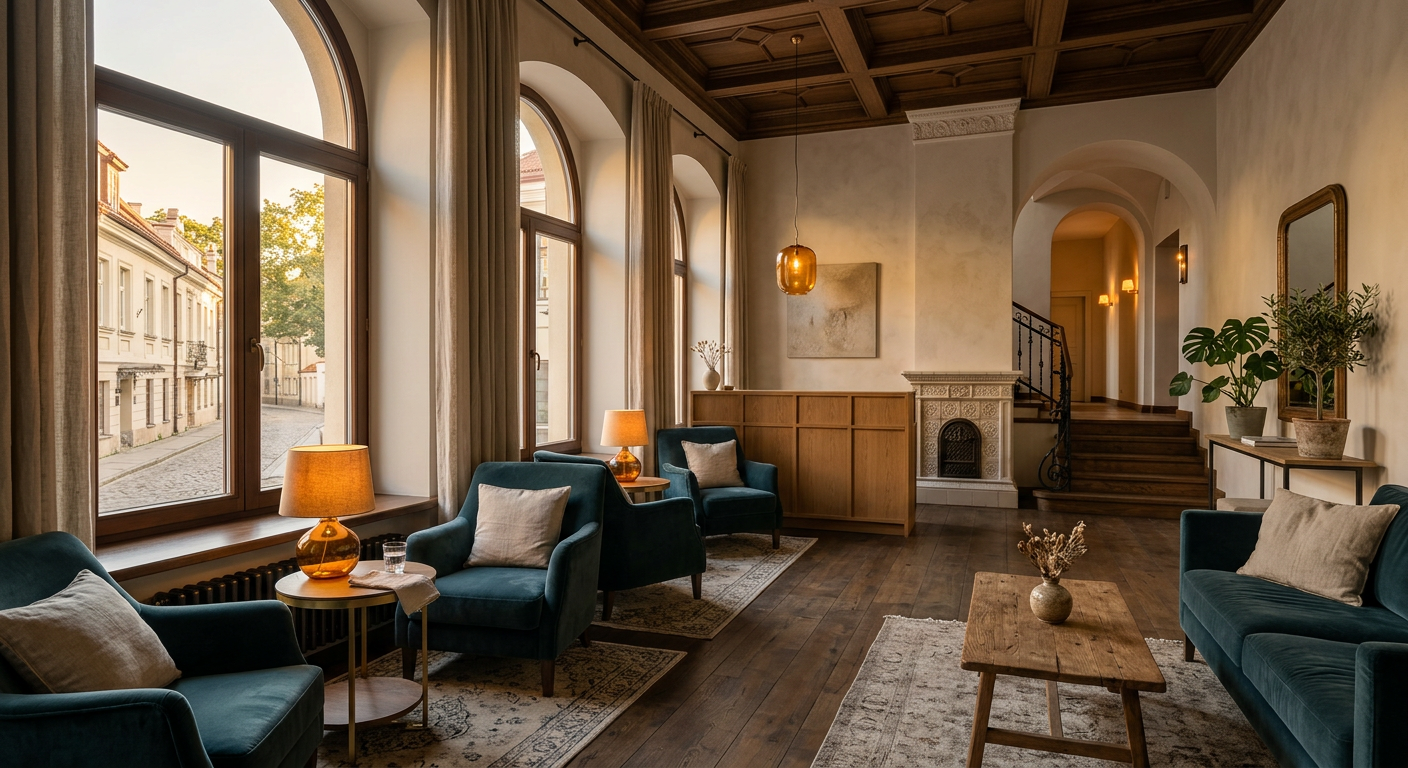 Warmly lit boutique hotel lobby with velvet armchairs and amber lamps
