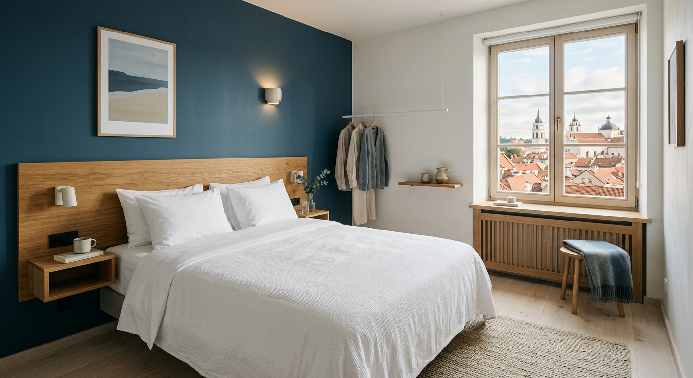 Bright hotel room with white linen and a view over Vilnius rooftops
